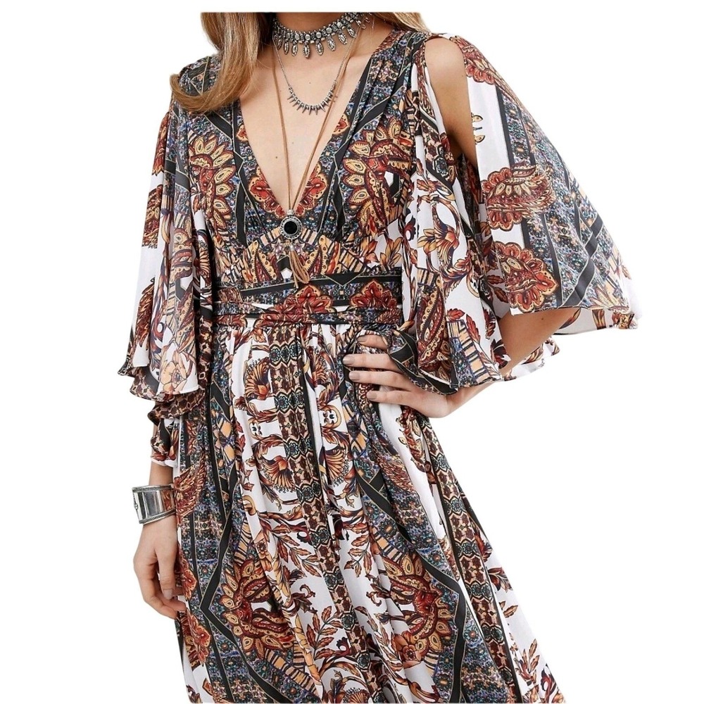 Free People 6 Fern Paisley V-Neck Split Flutter Sleeve Maxi Boho Cottagecore 70s - Picture 2 of 8